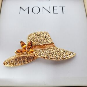 Monet Ladies Hat Brooch Pin Gold Tone Clear Orange Rhinestones